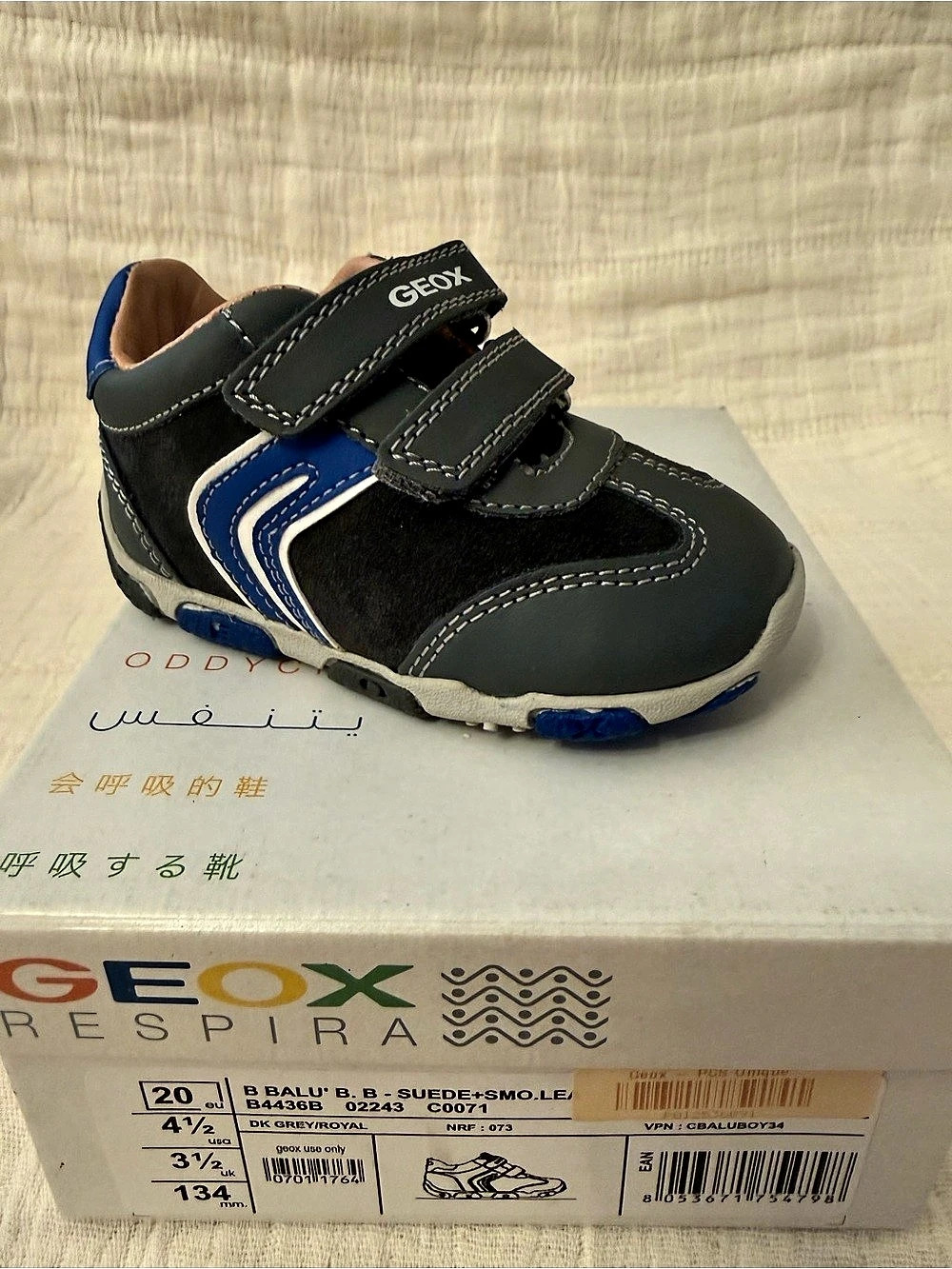 Geox B Balu Baby Boy Suede/Leather Shoes Grey& Royal Blue US 4.5, EU 20